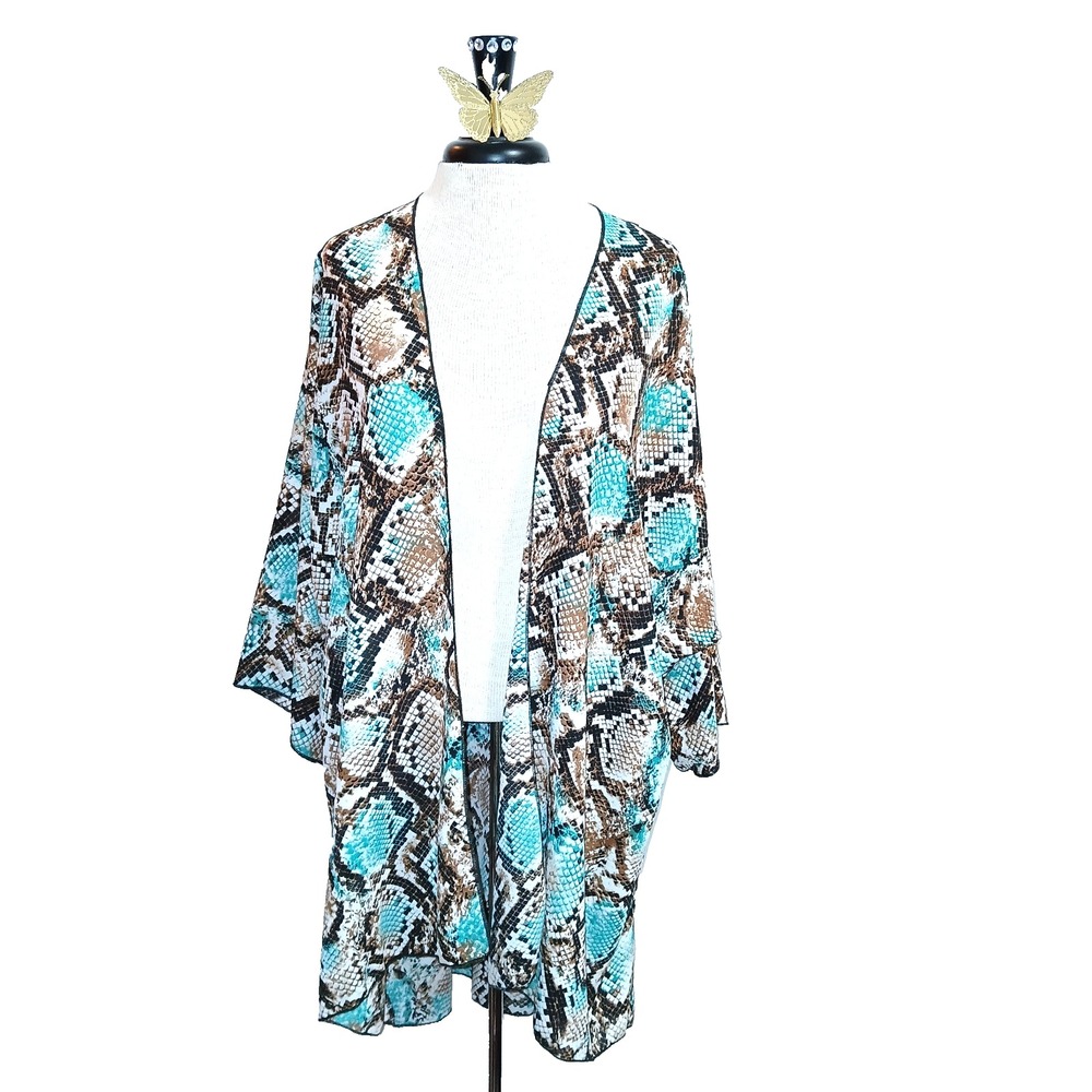 Lovely J Snake Print Topper Cardigan Women Large Aqua Brown Lagenlook Layering